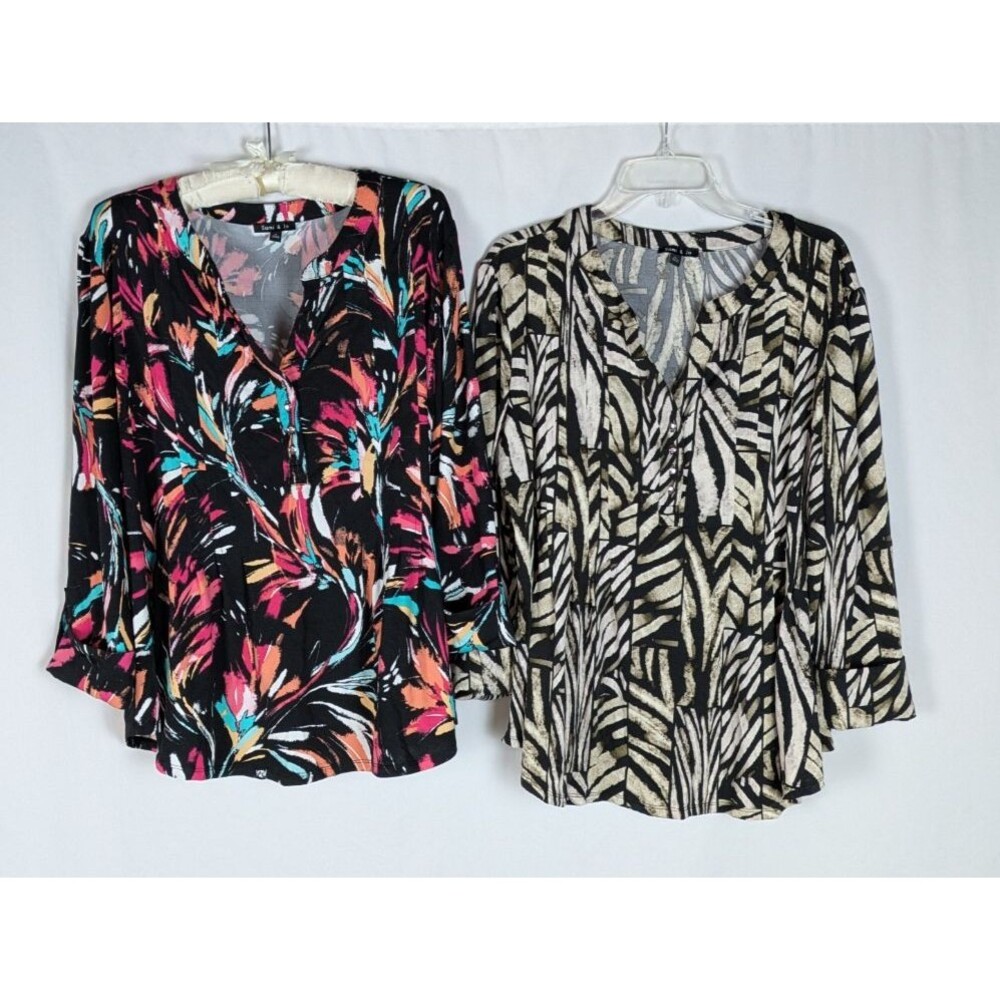 Sami & Jo Black Abstract Brushstroke Roll Tab Blouse Size XL Lot of 2 Artsy Chic